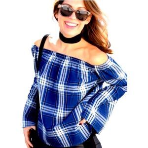 CLOTH & STONE Women's Long Bell Sleeve Off Shoulder Homestead Blue Plaid Blouse
